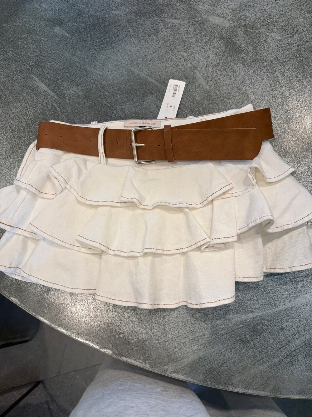 Tiered White Ruffle Mini Skirt with Brown Belt